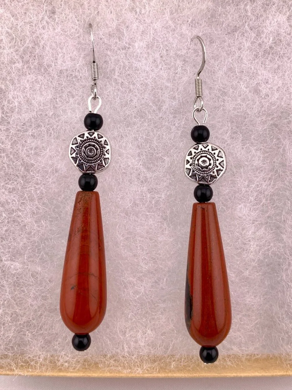 Mahogany Red Jasper Black Onyx Silver Boho Bead Long Handmade Earrings LR211